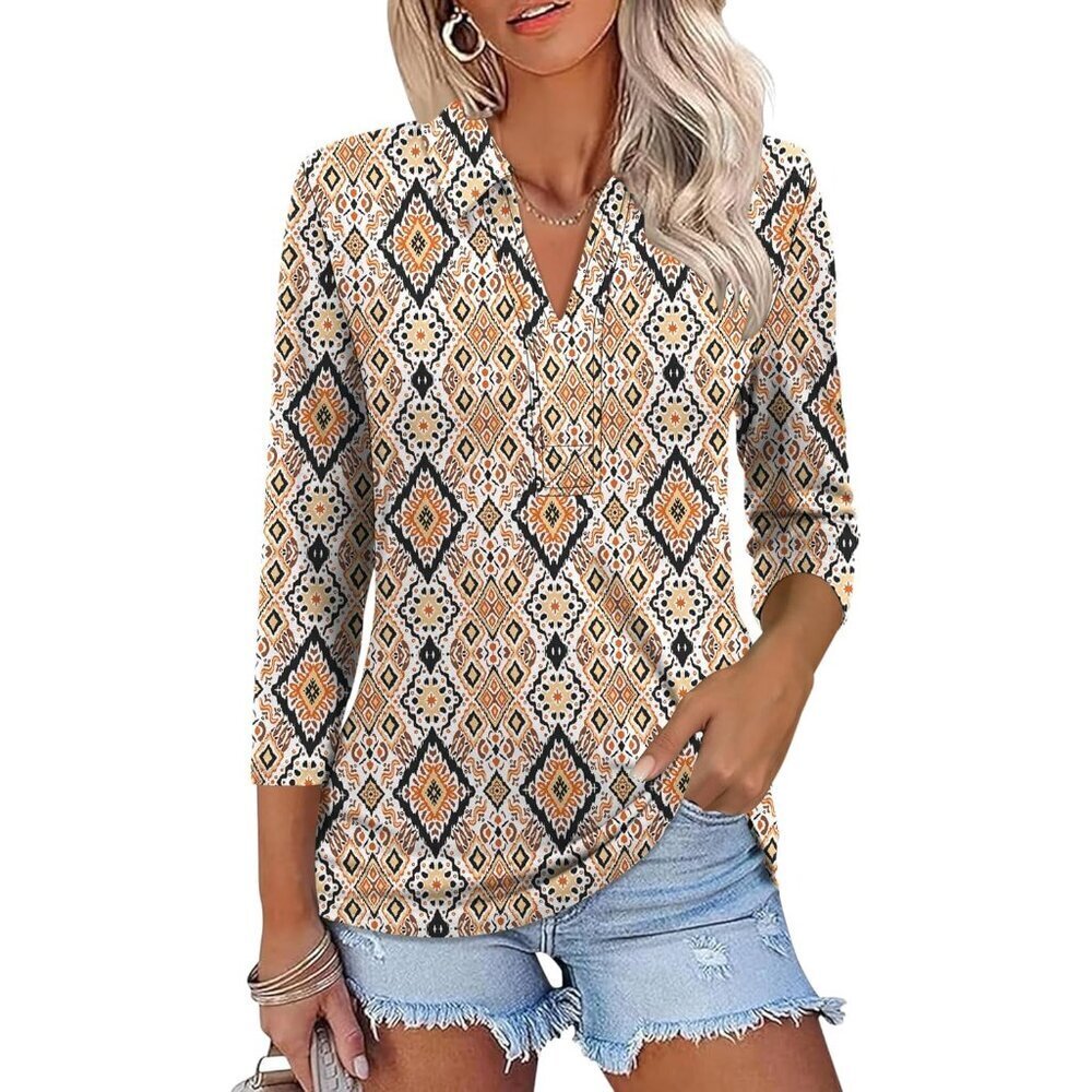Women's V-Neck Collared Polo Top 3/4 Sleeve Summer Business Casual Wear